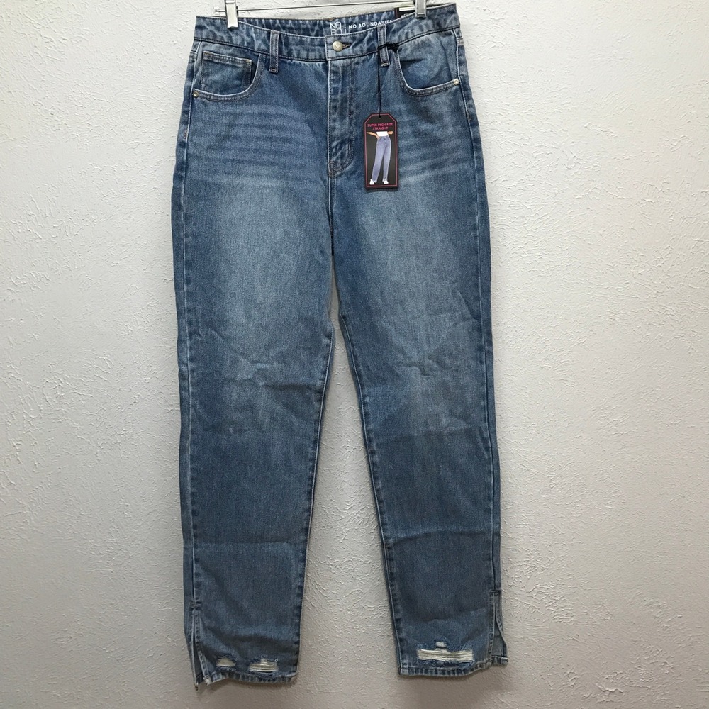 No Boundaries Straight Leg Jeans 13 Blue Super High Rise Split Hem Distress
